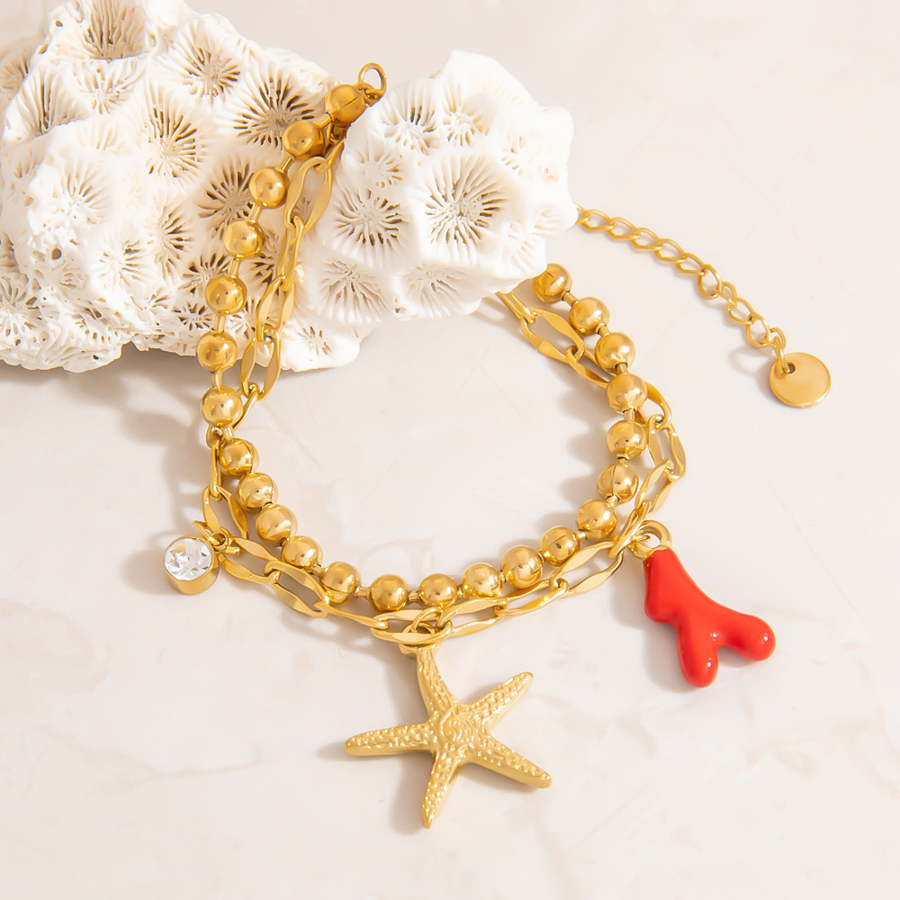 Bracelets De Perles Pour Femmes En Acier Inoxydable, Couleur Or, Motif Étoile De Mer De Vacances Image3