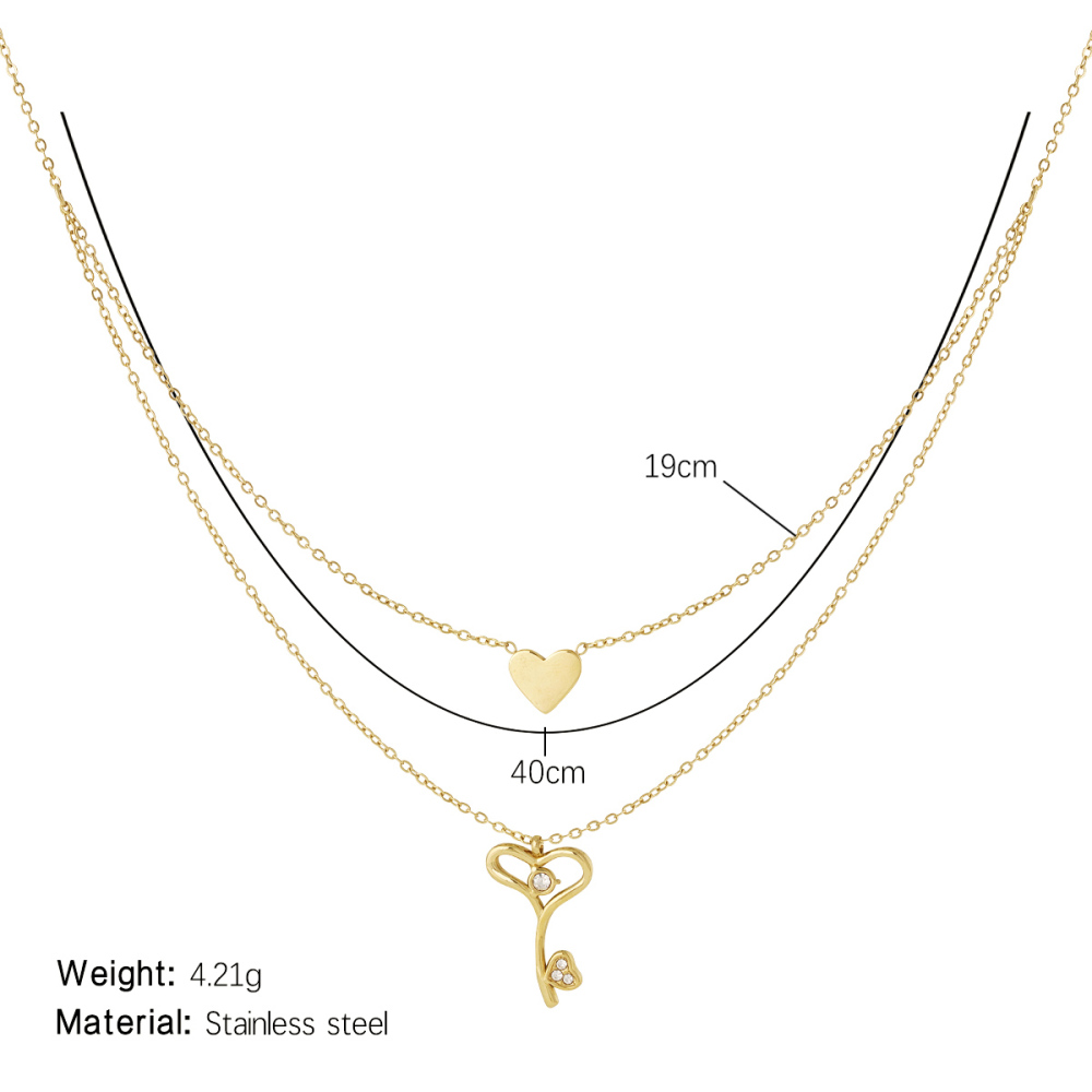 Magnifique Collier À Plusieurs Rangs Pour Femme, En Acier Inoxydable Imperméable, Couleur Or, Avec Pendentif Cœur Et Clé. Image2