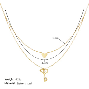 Magnifique Collier À Plusieurs Rangs Pour Femme, En Acier Inoxydable Imperméable, Couleur Or, Avec Pendentif Cœur Et Clé. h5 Image2
