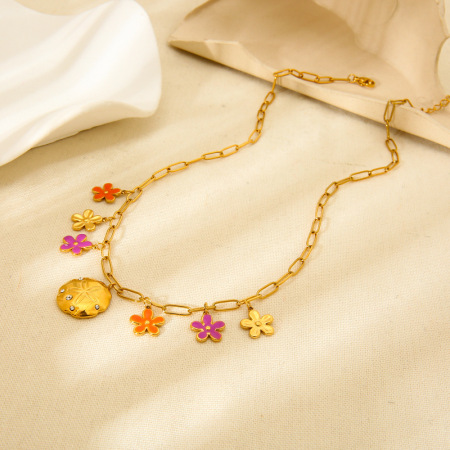 1 paire de colliers pendentifs pour femmes, collection romantique « Sweet Flower », en acier inoxydable étanche couleur or et zircon. 2