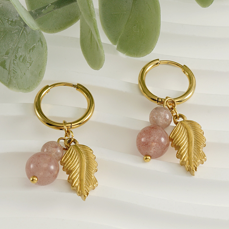 Boucles D'Oreilles Pendantes En Acier Inoxydable Doré, Imperméables, Motif Feuilles h5Image4