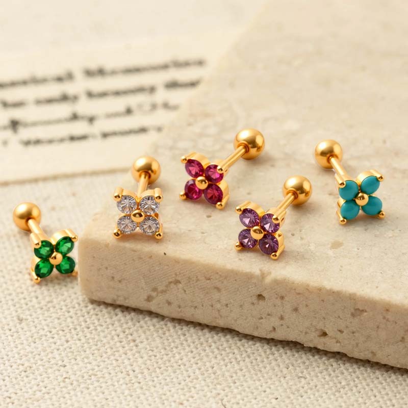 Boucles D'Oreilles Piercing Pour Femme, Série Simple, Fleur Simple, Cuivre, Or, Zircone h5Image6