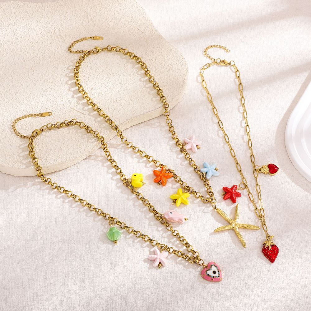 1 Paire De Colliers Pendentifs Pour Femmes, Collection Luxueuse « Tortue De Vacances », En Acier Inoxydable Étanche Couleur Or Image5