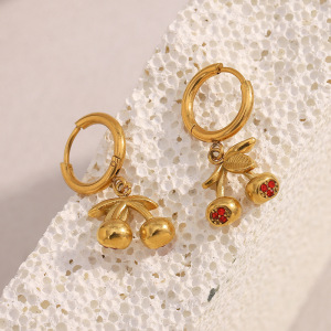 Boucles D'Oreilles Puces Pour Femmes, Motif Cerise Douce, En Acier Inoxydable Étanche, Collection Simple Series h5 Image4