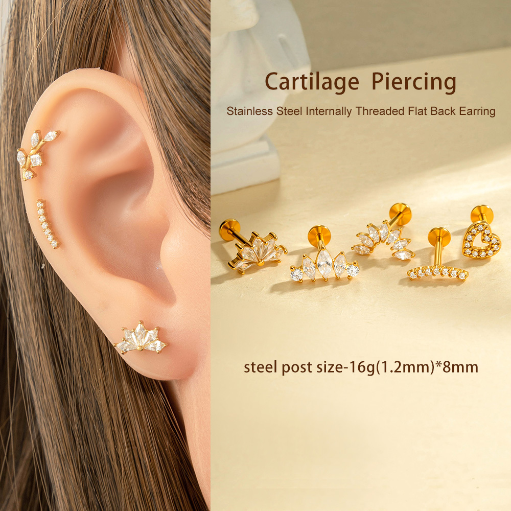Boucles D'Oreilles Piercing Cœur En Acier Inoxydable Étanche Couleur Or Avec Zircon (1 Pièce) Image5