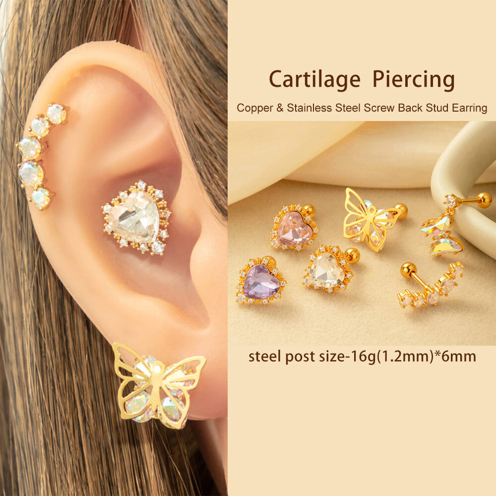 1 Pièce De Boucles D'Oreilles Piercing Pour Femme En Forme De Cœur Simple, Couleur Cuivre Et Or, Zircone h5Image4