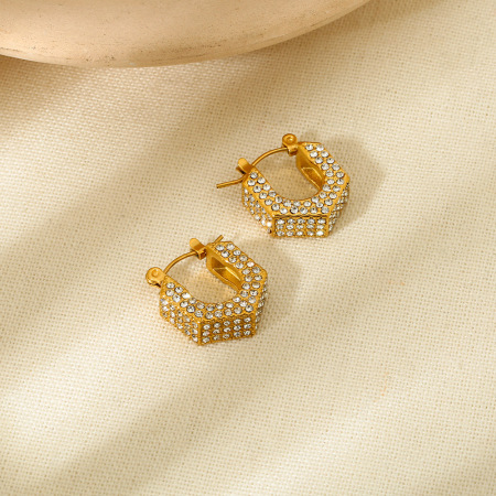 1 paire de boucles d'oreilles élégantes et géométriques en acier inoxydable couleur or et zircon pour femme, série luxueuse 2