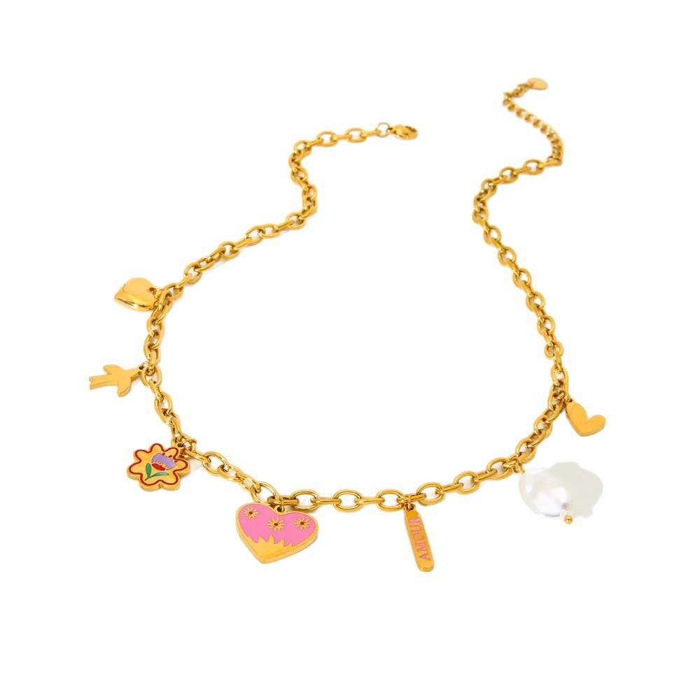 Collier Pour Femme Avec Pendentif Cœur Rose En Acier Inoxydable Étanche À Faire Soi-Même h5Image5