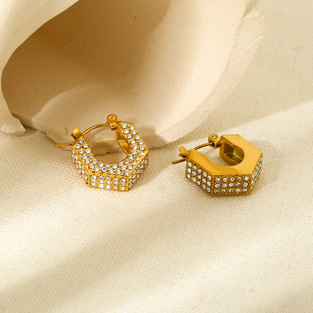 1 Paire De Boucles D'Oreilles Élégantes Et Géométriques En Acier Inoxydable Couleur Or Et Zircon Pour Femme, Série Luxueuse Image3