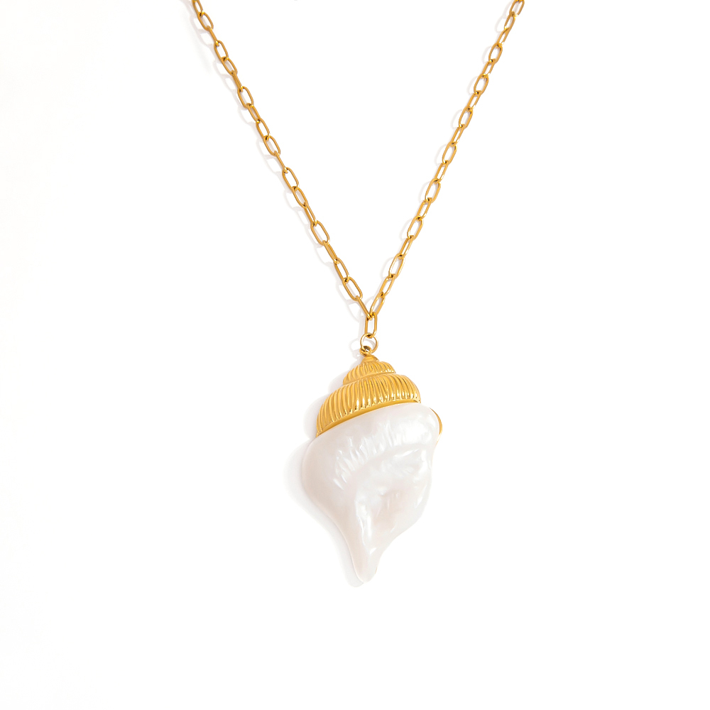 Collier Pendentif Femme Luxueux En Acier Inoxydable, Couleur Or, Motif Coquillage 