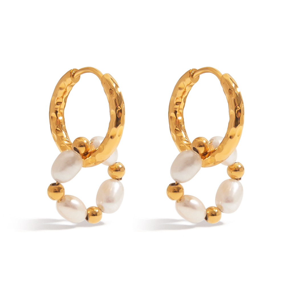 Boucles D'Oreilles Créoles Rétro En Acier Inoxydable Étanche Couleur Or Avec Perles 