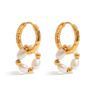 Boucles D'Oreilles Créoles Rétro En Acier Inoxydable Étanche Couleur Or Avec Perles h5 