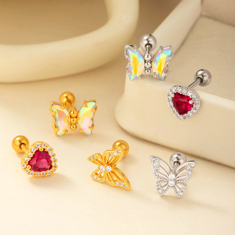 1 Pièce De Boucles D'Oreilles Piercing Pour Femme En Forme De Cœur Simple, Couleur Cuivre Et Or, Zircone h5Image5