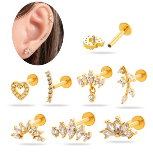 Boucles D'Oreilles Piercing Cœur En Acier Inoxydable Étanche Couleur Or Avec Zircon (1 Pièce) h5 Image4