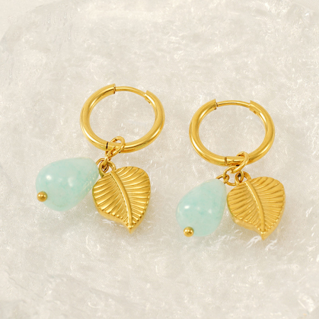 Boucles d'oreilles pendantes en acier inoxydable doré, imperméables, motif feuilles
