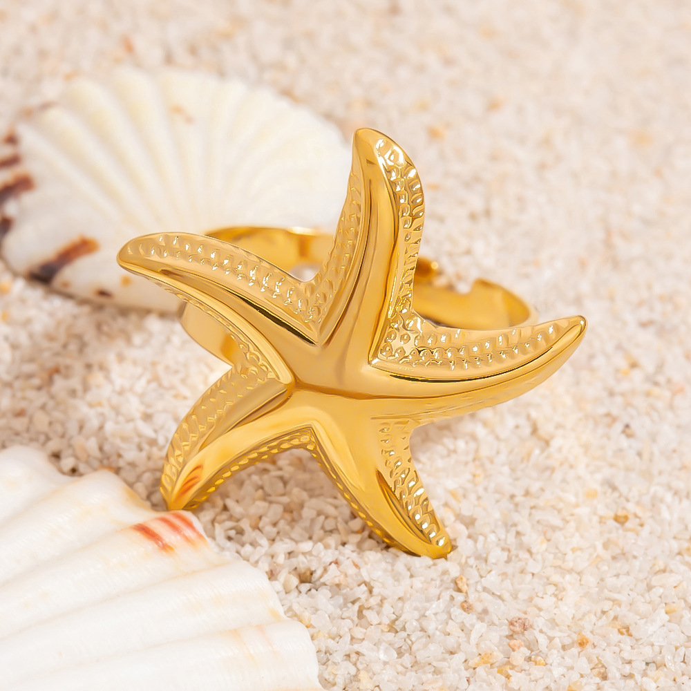 Bague Femme Étanche En Acier Inoxydable Doré, Motif Étoile De Mer Et Fleur, Collection Océan Image4