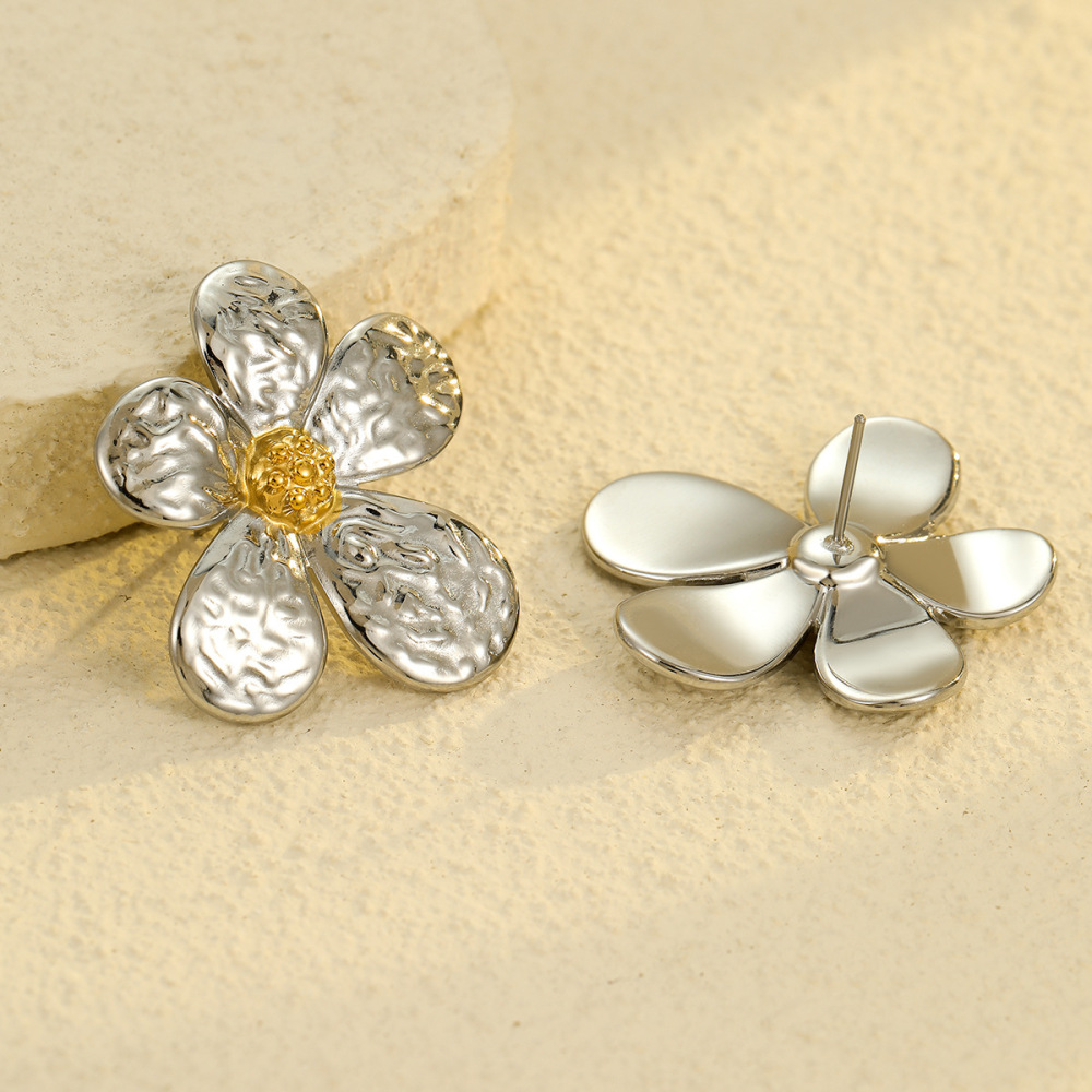 Boucles D'Oreilles Puces Pour Femme, Collection Romantique, Motif Floral, En Acier Inoxydable Étanche, Couleur Or (1 Paire). Image3
