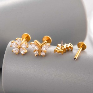 Boucles D'Oreilles Piercing En Acier Inoxydable Doré, Imperméables, En Forme De Fleur, Avec Zircon (1 Pièce). h5 Image3