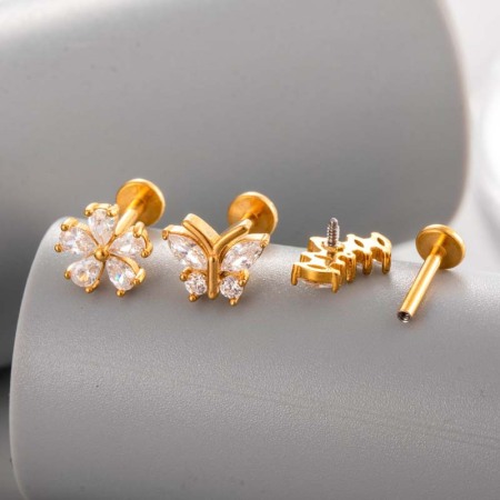 Boucles d'oreilles piercing en acier inoxydable doré, imperméables, en forme de fleur, avec zircon (1 pièce). 2