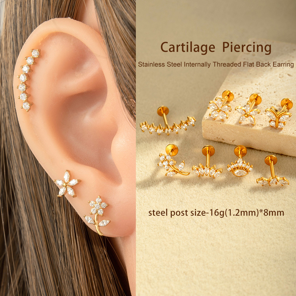 Boucles D'Oreilles Piercing En Acier Inoxydable Doré, Imperméables, En Forme De Fleur, Avec Zircon (1 Pièce). Image4