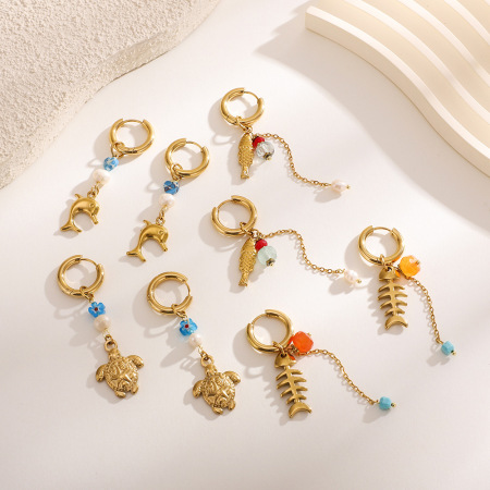 Boucles d'oreilles pendantes pour femmes, motif organisme marin, en acier inoxydable étanche, couleur or