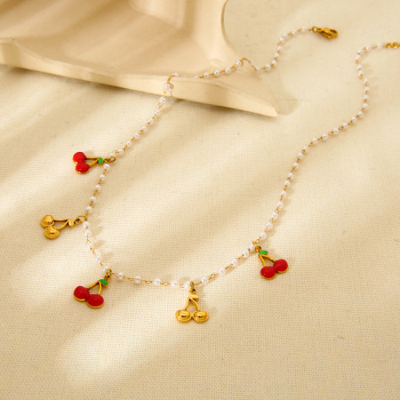 1 paire de colliers pendentifs pour femmes, collection romantique « Sweet Plant », en acier inoxydable étanche couleur or avec perles artificielles 2