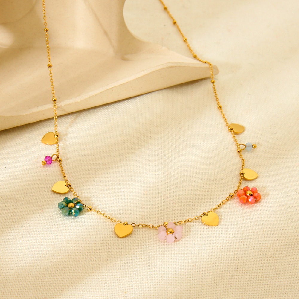 1 Paire De Colliers Pendentifs Pour Femmes, Collection Romantique « Douce Fleur », En Acier Inoxydable Étanche Couleur Or Et Verre. Image3