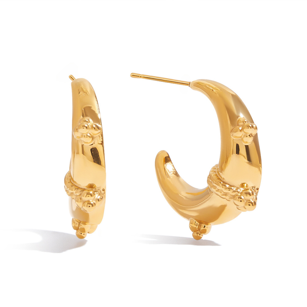 Boucles D'Oreilles Créoles Rétro Lune En Acier Inoxydable Étanche Couleur Or h5Image4