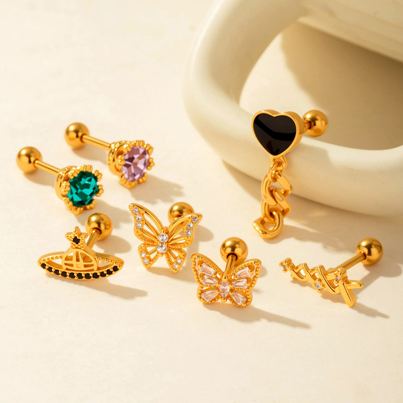1 Pièce De Boucles D'Oreilles Piercing Pour Femme En Forme De Cœur Simple, Couleur Cuivre Et Or, Zircone h5Image5
