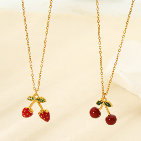 Colliers pendentifs pour femmes, collection romantique, motif cerise douce, en acier inoxydable étanche couleur or