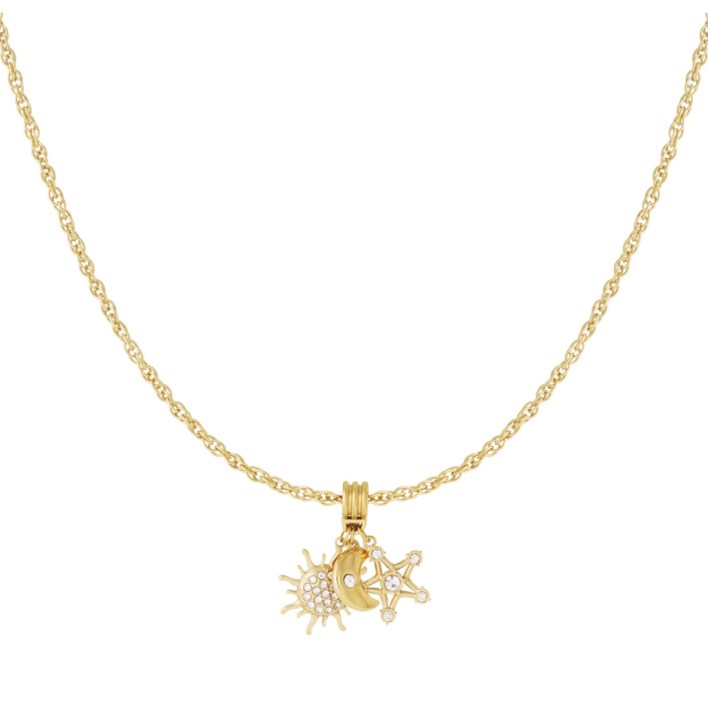 Colliers Pendentifs Pour Femmes En Acier Inoxydable Étanche Couleur Or, Motif Lune, Soleil Et Étoile Scintillants 