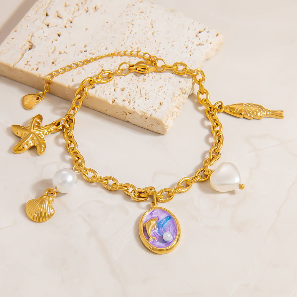 Bracelets À Breloques Pour Femmes, Motif Tortue De Vacances, En Acier Inoxydable, Couleur Or, Avec Perles Artificielles. Image4