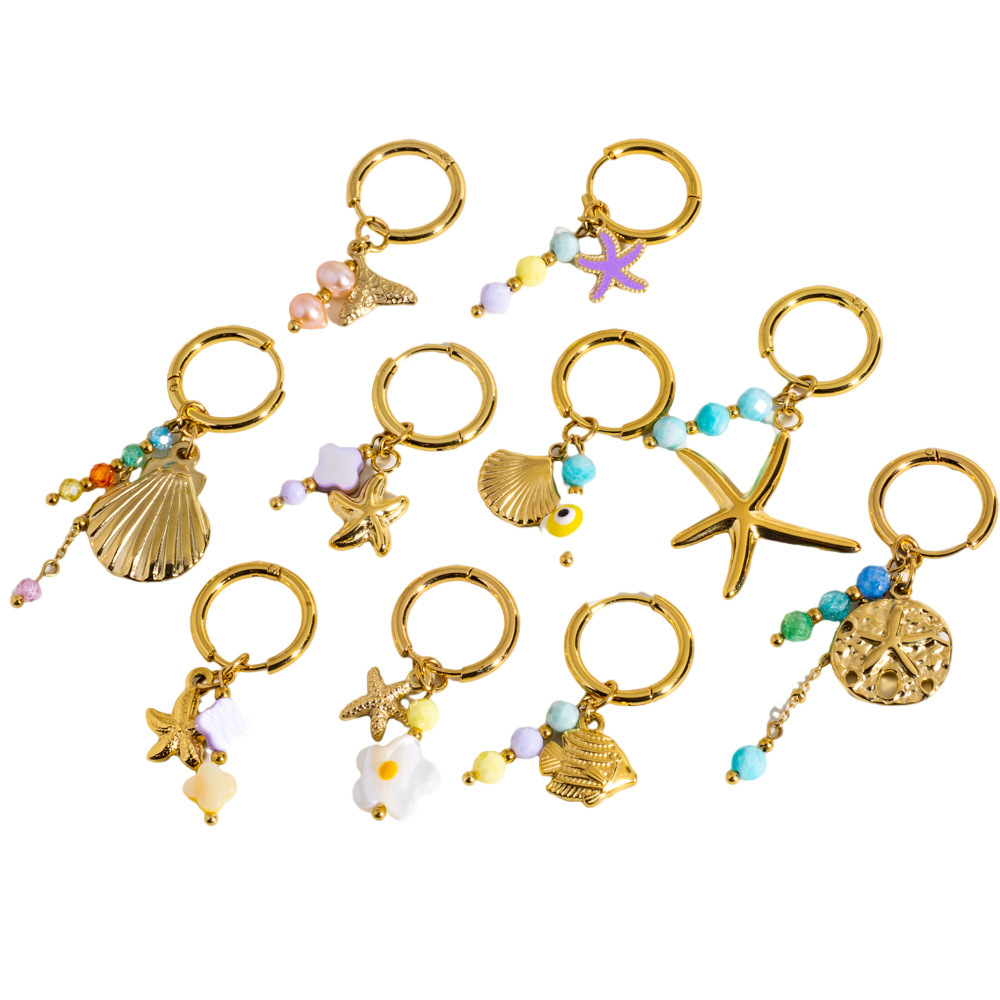 Boucles D'Oreilles Pendantes Étanches En Acier Inoxydable Doré, Motif Étoile De Mer, Collection Océan (1 Pièce) Image5