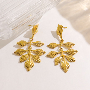 Boucles D'Oreilles Pendantes Élégantes Et Raffinées En Acier Inoxydable Imperméable, En Forme De Feuille, Pour Femmes. h5 Image3