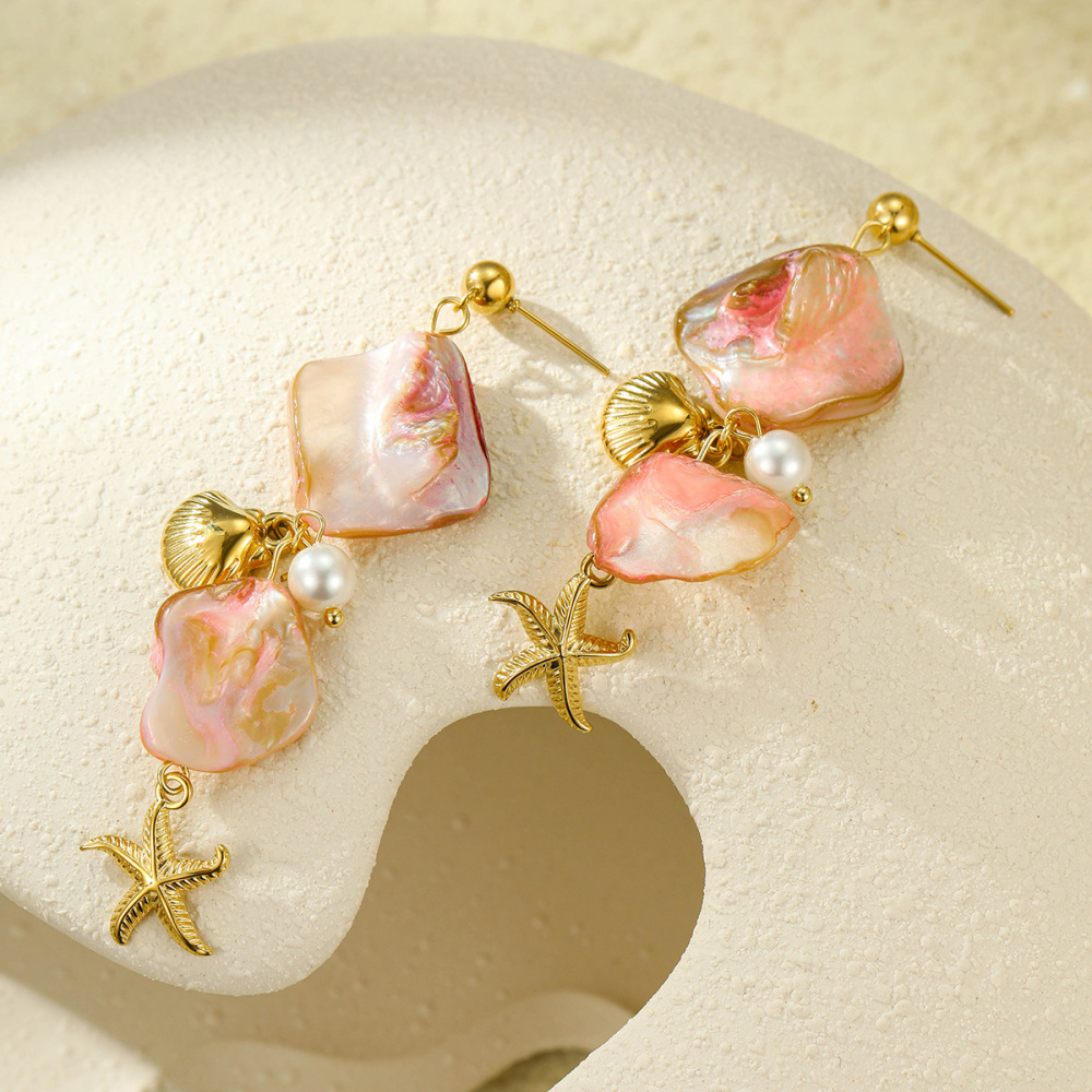 Boucles D'Oreilles Femme Série Romantique Coquillage Rose Et Étoile De Mer Image4