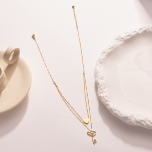 Magnifique Collier À Plusieurs Rangs Pour Femme, En Acier Inoxydable Imperméable, Couleur Or, Avec Pendentif Cœur Et Clé. h5 Image3