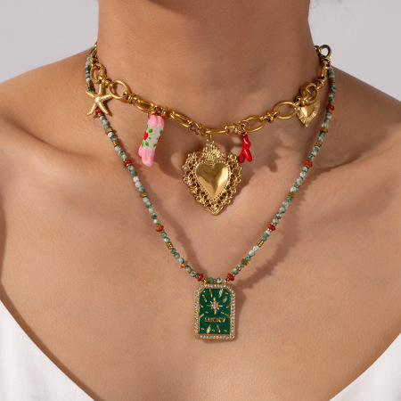 Colliers pendentifs pour femmes en acier inoxydable, pierre naturelle en forme de cœur, couleur or, étanches