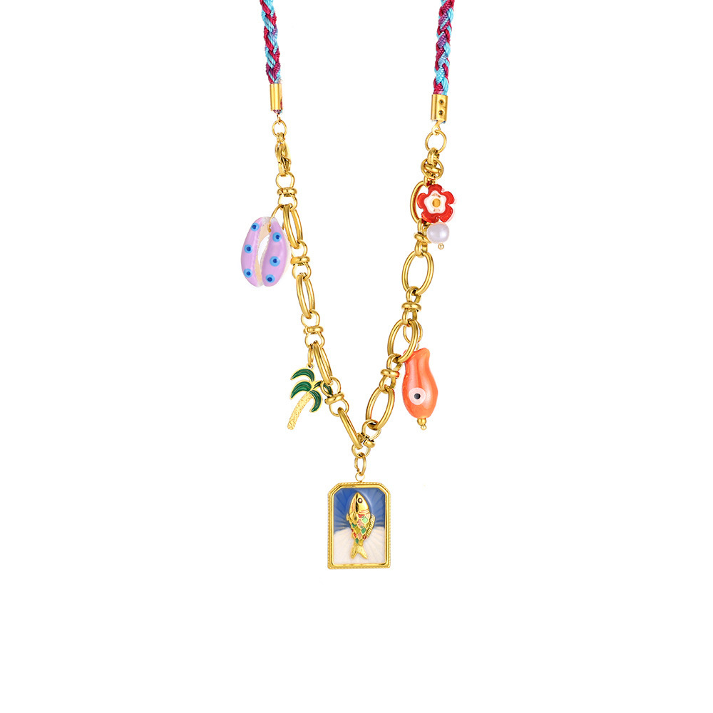 Colliers Pendentifs Pour Femmes En Acier Inoxydable Imperméable, Ornés D'Un Coquillage À Glaçure Huilée Colorée 