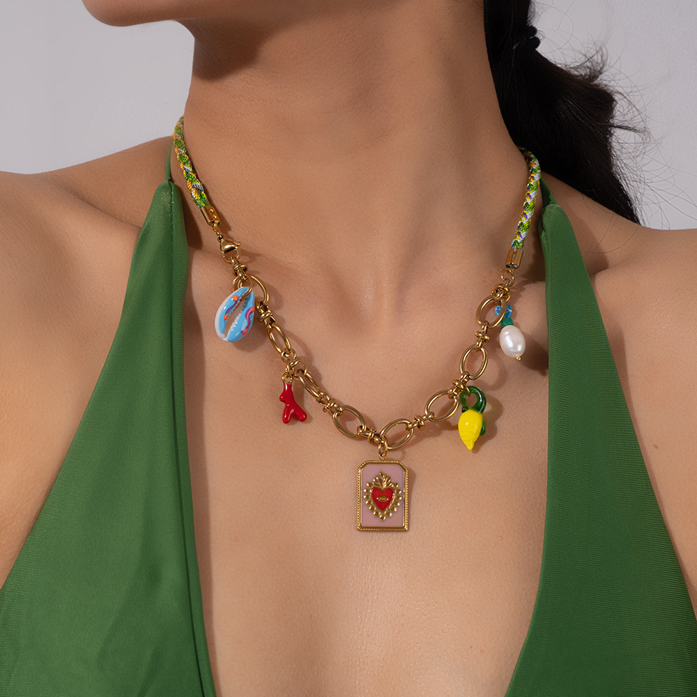 Colliers Pendentifs Pour Femmes En Acier Inoxydable Imperméable, Ornés D'Un Coquillage À Glaçure Huilée Colorée Image6