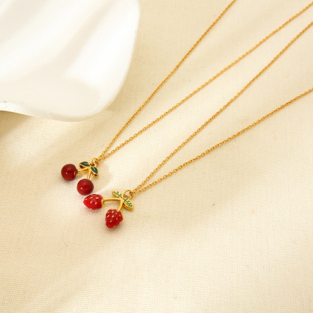 Colliers pendentifs pour femmes, collection romantique, motif cerise douce, en acier inoxydable étanche couleur or 2