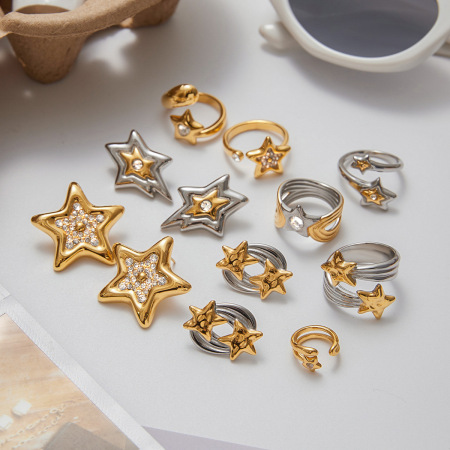 Ensemble de boucles d'oreilles Ins Style Star en acier inoxydable couleur or