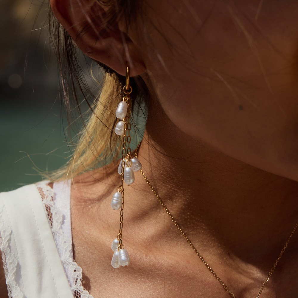 Boucles D'Oreilles Élégantes À Pompon En Acier Inoxydable Imperméable Et Perles Couleur Or Image7
