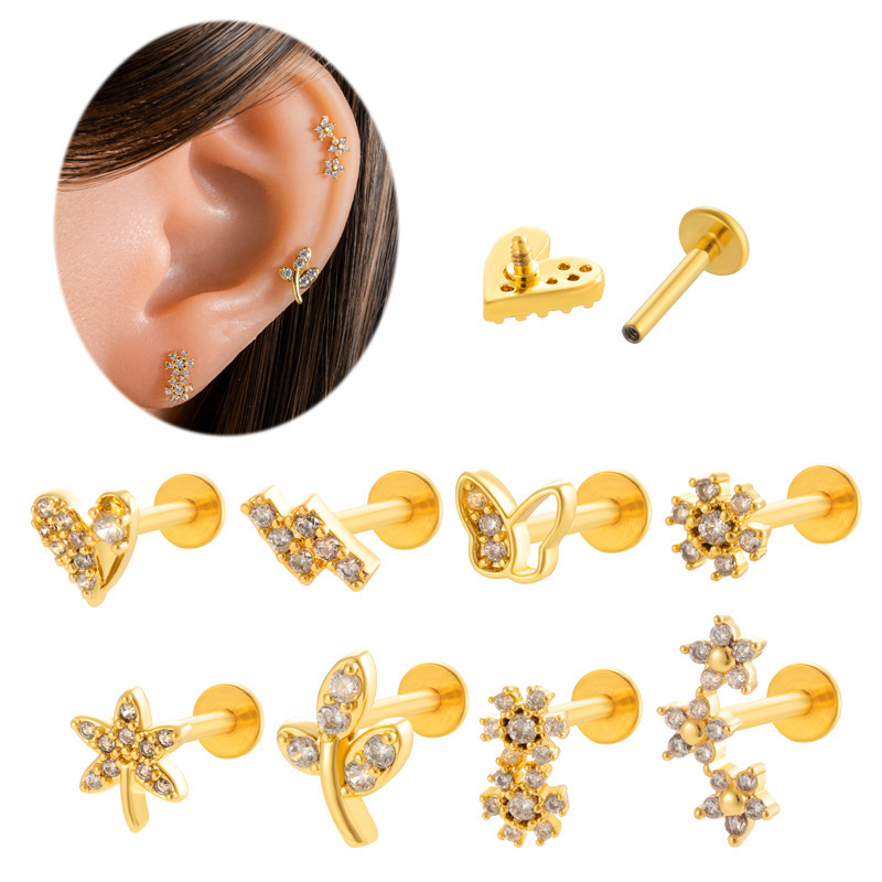 1 Pièce De Boucles D'Oreilles Piercing Pour Femme En Forme De Cœur Simple, Couleur Cuivre Et Or, Zircone h5Image3