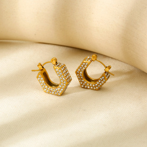1 Paire De Boucles D'Oreilles Élégantes Et Géométriques En Acier Inoxydable Couleur Or Et Zircon Pour Femme, Série Luxueuse h5 Image4