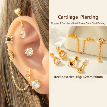 1 pièce de boucles d'oreilles piercing pour femme en forme de cœur simple, couleur cuivre et or, zircone 2