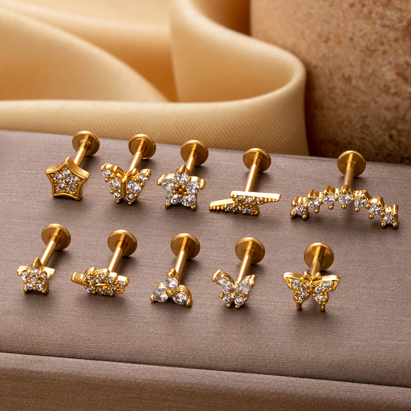 1 Pièce De Boucles D'Oreilles Piercing Pour Femme En Forme De Fleur Simple, Couleur Cuivre Et Or, Zircone Image4