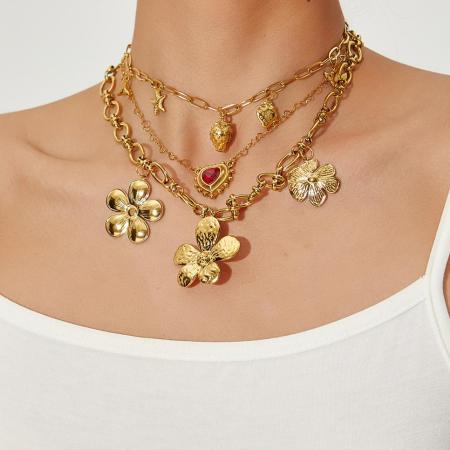 1 paire de colliers pendentifs élégants en acier inoxydable doré, ornés de fleurs, de la série Luxueuse et Élégante
