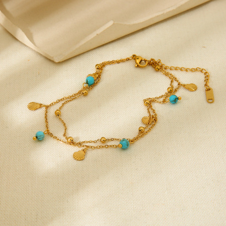 1 paire de bracelets de cheville bohèmes simples en acier inoxydable, couleur or, avec pierres artificielles et motif tortue. 2