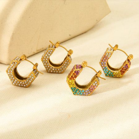 1 paire de boucles d'oreilles élégantes et géométriques en acier inoxydable couleur or et zircon pour femme, série luxueuse