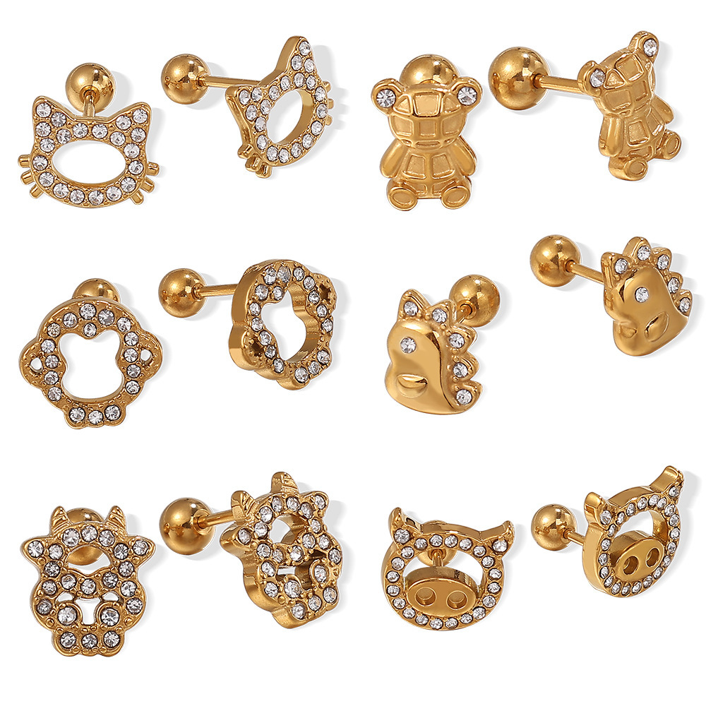 Boucles D'Oreilles Piercing Mignonnes En Acier Inoxydable Étanche Couleur Or, Motif Animal h5Image5